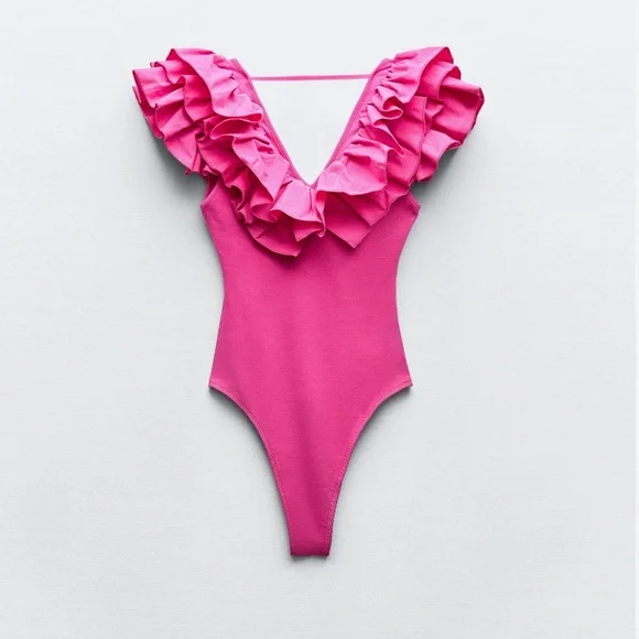 Zara | Tops | Zara Pink Ruffled Bodysuit M Nwt | Poshmark